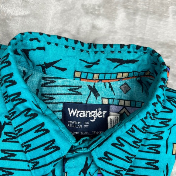 Wrangler Cowboy Cut Aztec Western Shirt Mens 16.5-35 Turquoise Geometric Cotton - Picture 6 of 12